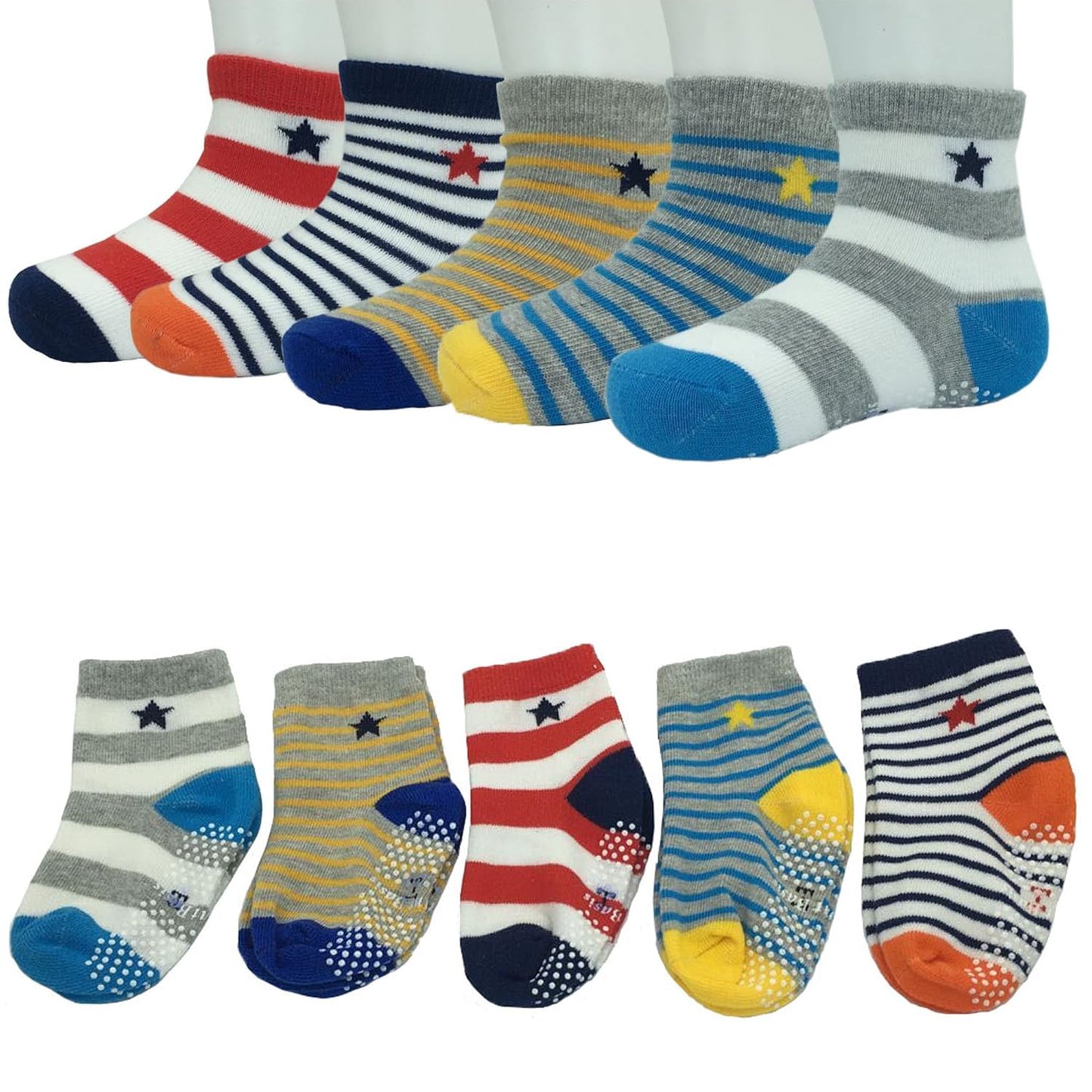 Assorted Non Skid Ankle Socks 5 Pairs 8-36 Months Baby Walker Boys Toddler anti Slip Knit Stripes Star Grips Socks