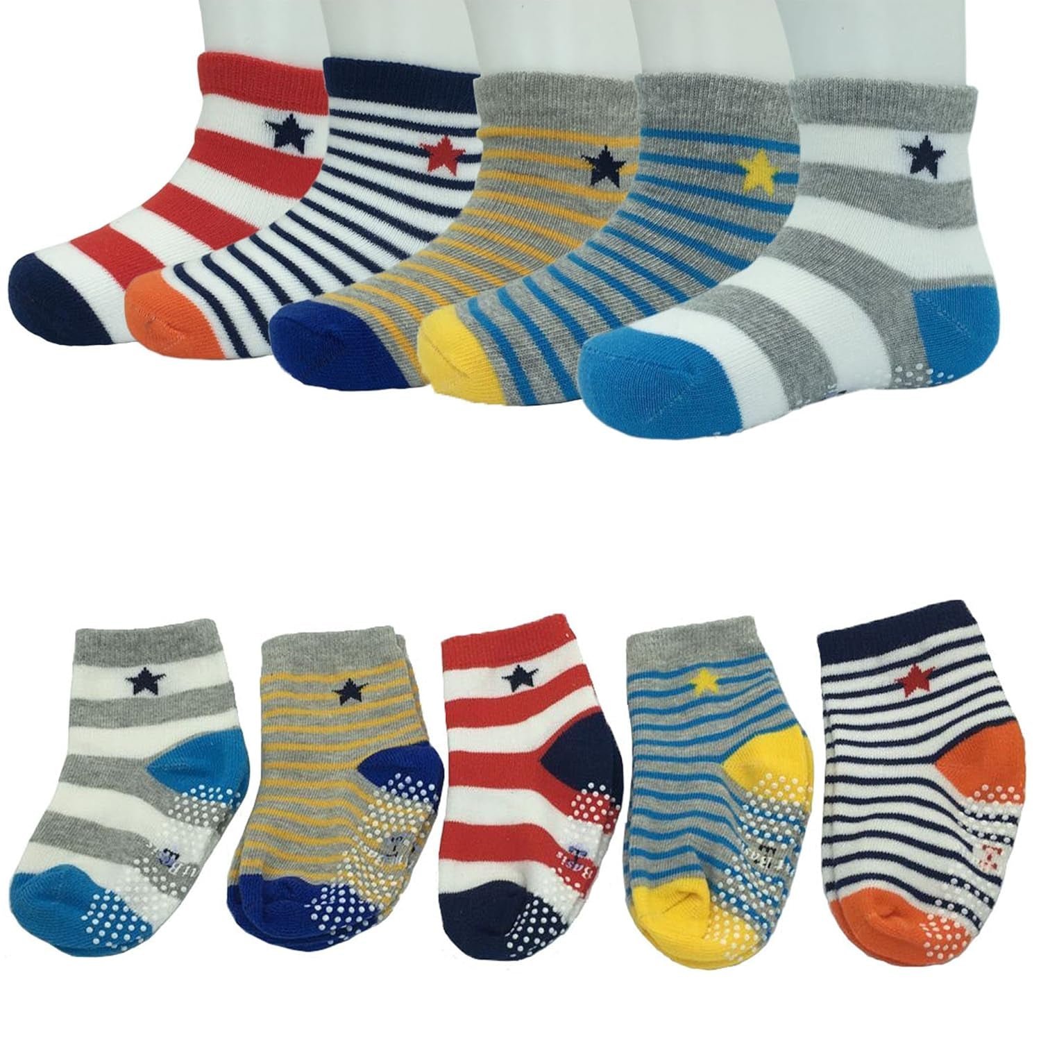 Assorted Non Skid Ankle Socks 5 Pairs 8-36 Months Baby Walker Boys Toddler anti Slip Knit Stripes Star Grips Socks