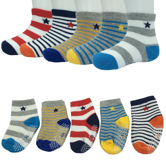 Assorted Non Skid Ankle Socks 5 Pairs 8-36 Months Baby Walker Boys Toddler anti Slip Knit Stripes Star Grips Socks