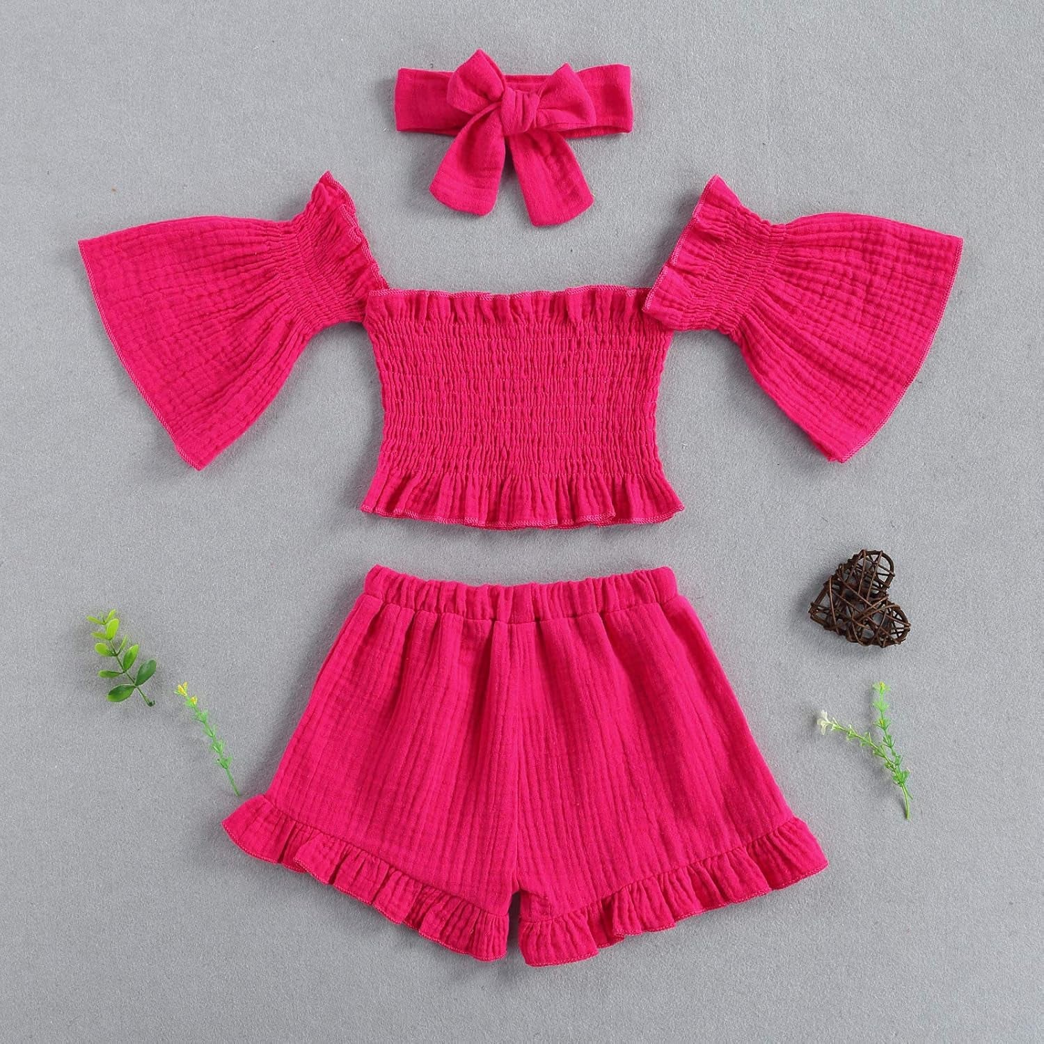 3Pcs Toddler Kids Baby Girl Summer Outfits off Shoulder Crop Top Ruffle Shorts Headband Clothes Set 1-6Y (Rose Red, 5-6T)
