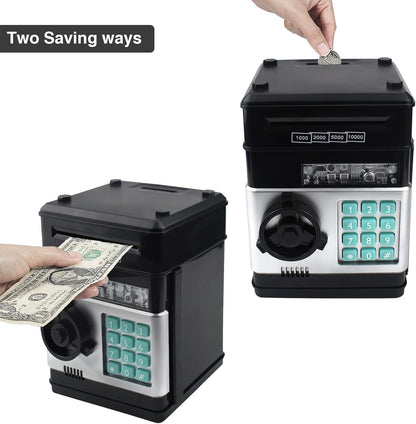 Electronic Piggy Bank Code Lock for Kids Baby Toy, Mini ATM Safe Coin Cash Banks Real Money Saving Box with Password, Auto Money Scroll for Children,Boys Girls Birthday Gift (Black)