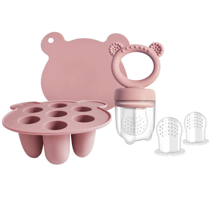 Silicone Baby Fruit Food Feeder Pacifier & Breastmilk Popsicle Freezer Molds, Baby Food Storage Containers Breast Milk Ice Cubes for Baby Teething & Infant Self Feeding, BPA Free (Pink)