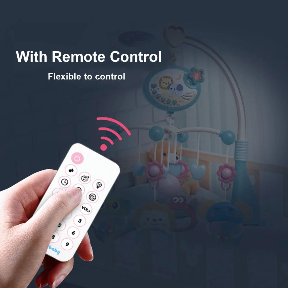 Cute Baby Crib Mobile with Music Lights Star Projection Hanging Rotating Toys Baby Crib Toys with Remote Contorl Infant Bed Decoration for Baby Boys Girls