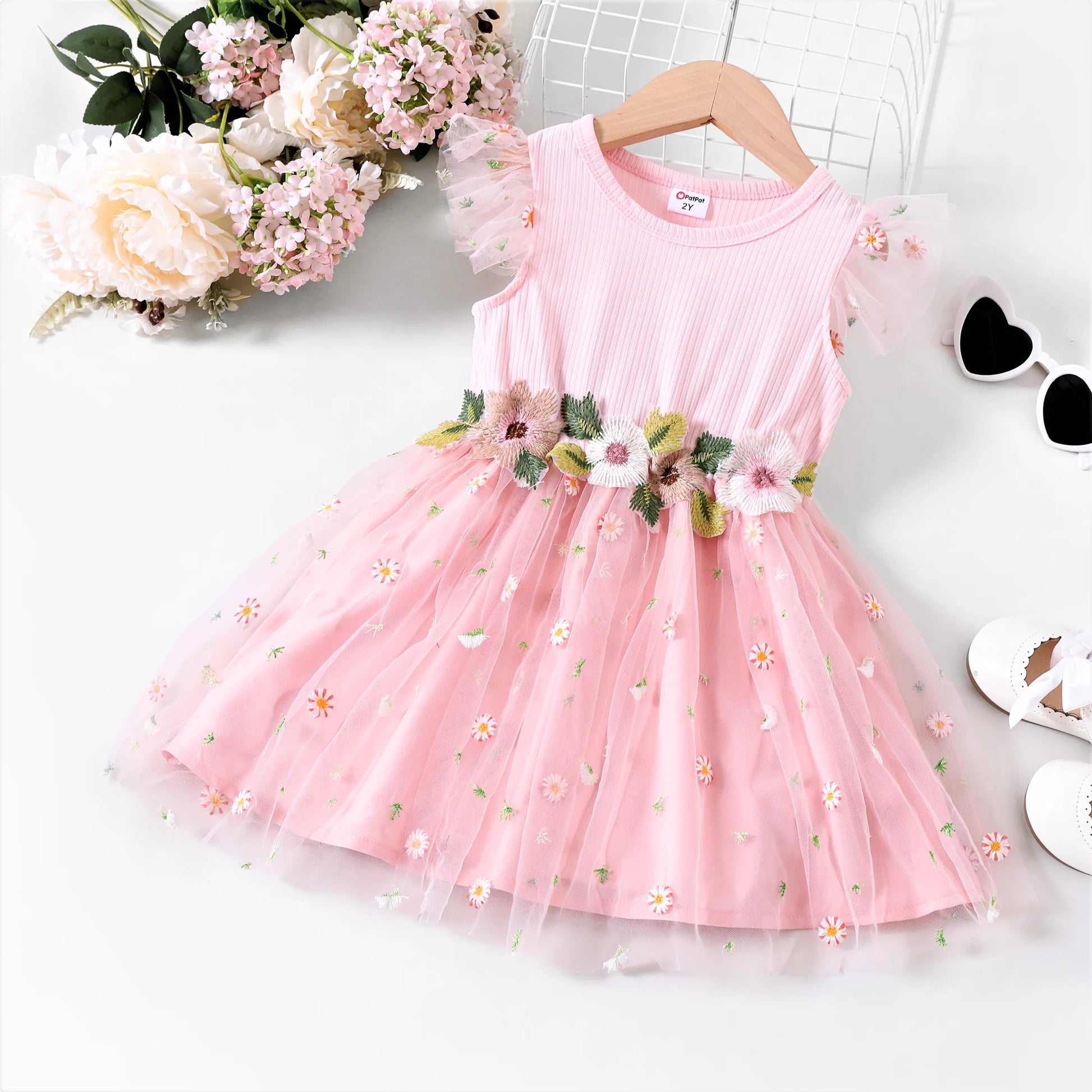 Summer Girls Clothes Toddler Girl Sweet Flutter Sleeve Flower Dress, Pink, 3-4 Years