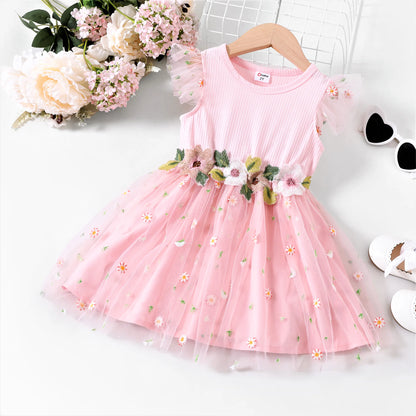 Summer Girls Clothes Toddler Girl Sweet Flutter Sleeve Flower Dress, Pink, 3-4 Years