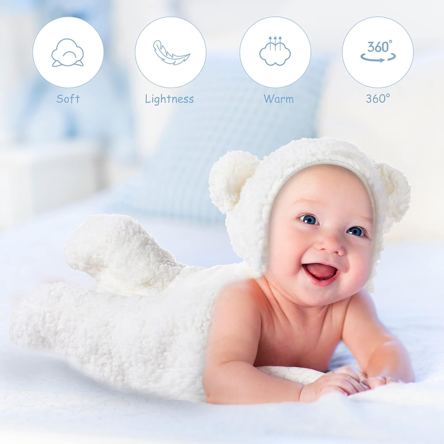 2 Set Newborn Plush Swaddle Blankets Cute Swaddle Hooded Swaddle Blanket Baby Boys Girls Receiving Hooded Sleeping Bag Infant Sleep Swaddling (White, Brown)