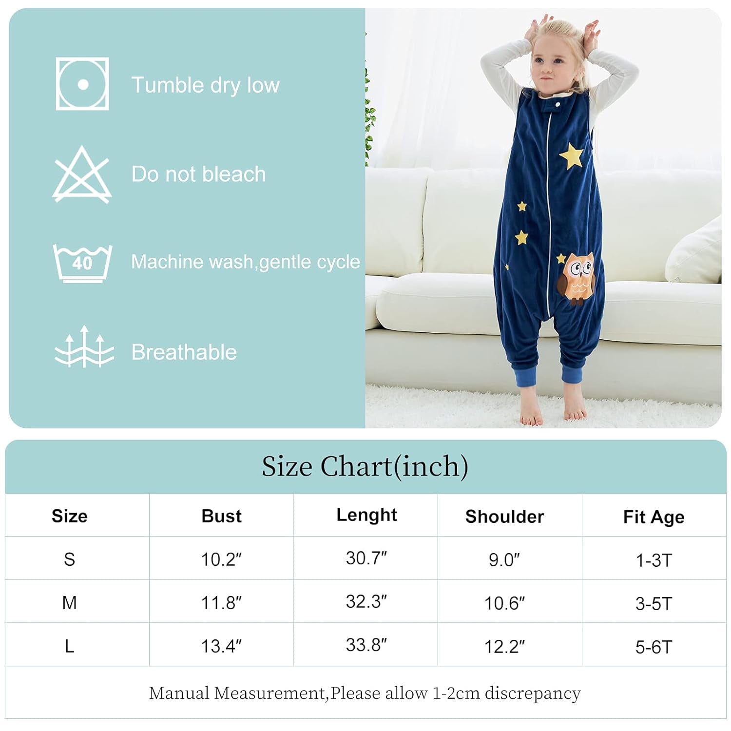 Unisex Baby Sleeping Bag Spring Wearable Blanket with Legs for Toddler, Blue 5-6T