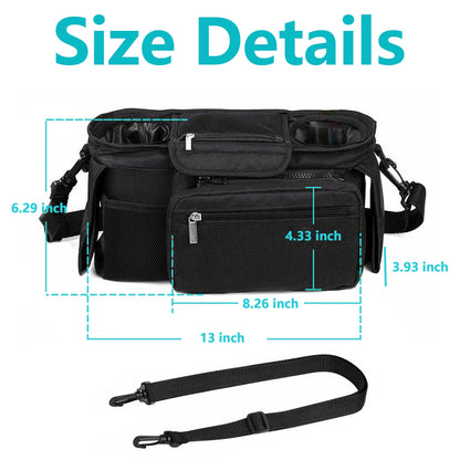 Universal Stroller Organizer Non Slip Straps Stroller Caddy with Insulated 2 Cup Holder-Detachable Phone Bag & Shoulder Strap,Fits for Stroller like Uppababy,Baby Jogger and Pet Stroller,Black