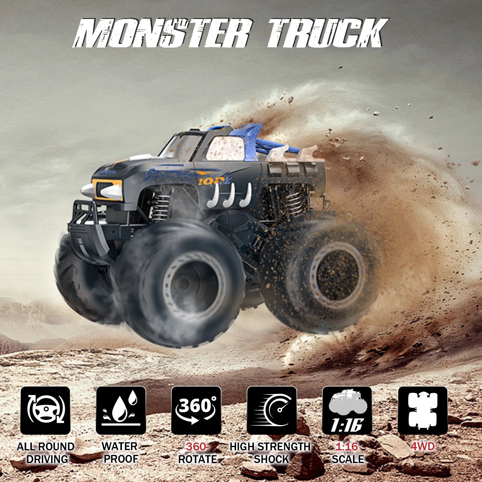 1:16 Remote Control Cars , Waterproof 4WD RC Monster Truck Toys Gifts for Kids Adults