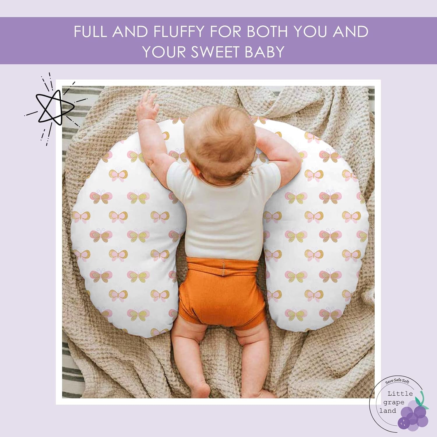 Nursing Pillow, Breast Feeding Pillows for Mom, Butterfly Soft Cover with Breathable Filling, Feeding Support Pillow for 0-12 Months, Multifunctional Support Cushion for Travel