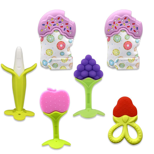 Baby Teethers Mittens Set, Teething Mitts(2Pack) with Teething Toy(4Pack), BPA Free Teethers for Babies 0-6 Months, Freezer Safe Slicone Baby Teething Toys for Babies 6-12 Months Newborn Gift