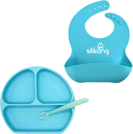 Silicone Baby Feeding Set | Suction Plate for Toddlers + Pocket Bib + Bendable Spoon | BPA Free | Dishwasher, Microwave and Oven Safe (Blue)
