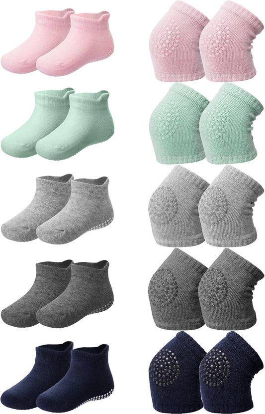 10 Pairs Baby Crawling anti Slip Knee Pads and anti Slip Baby Socks Set Unisex Toddler Knee Protectors Non Slip Ankle Socks