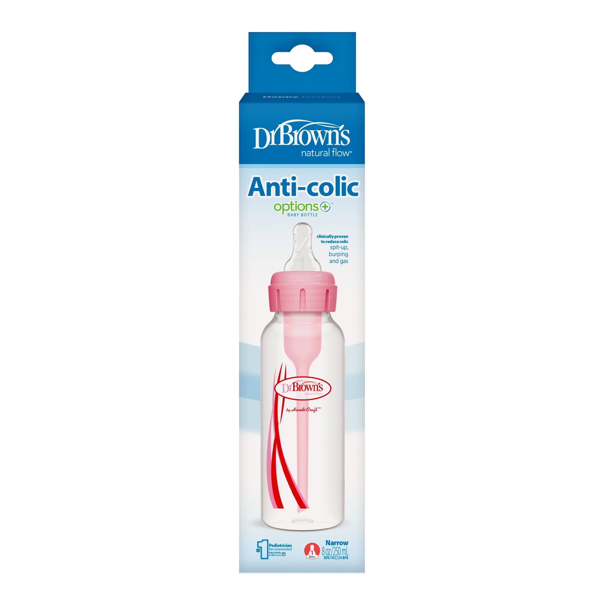 (2 Pack) Dr. Brown’S Natural Flow Anti-Colic Options+ Narrow Baby Bottle, Pink, 8Oz, Slow Flow, 0M+, 1 Pack