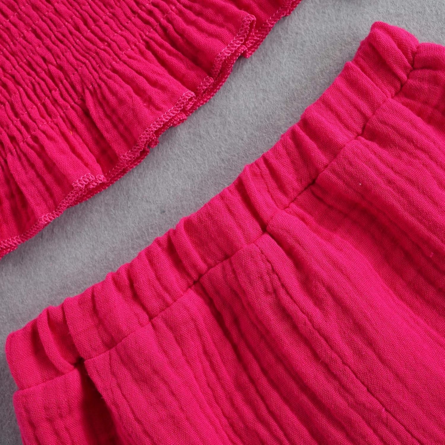 3Pcs Toddler Kids Baby Girl Summer Outfits off Shoulder Crop Top Ruffle Shorts Headband Clothes Set 1-6Y (Rose Red, 5-6T)