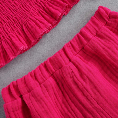 3Pcs Toddler Kids Baby Girl Summer Outfits off Shoulder Crop Top Ruffle Shorts Headband Clothes Set 1-6Y (Rose Red, 5-6T)