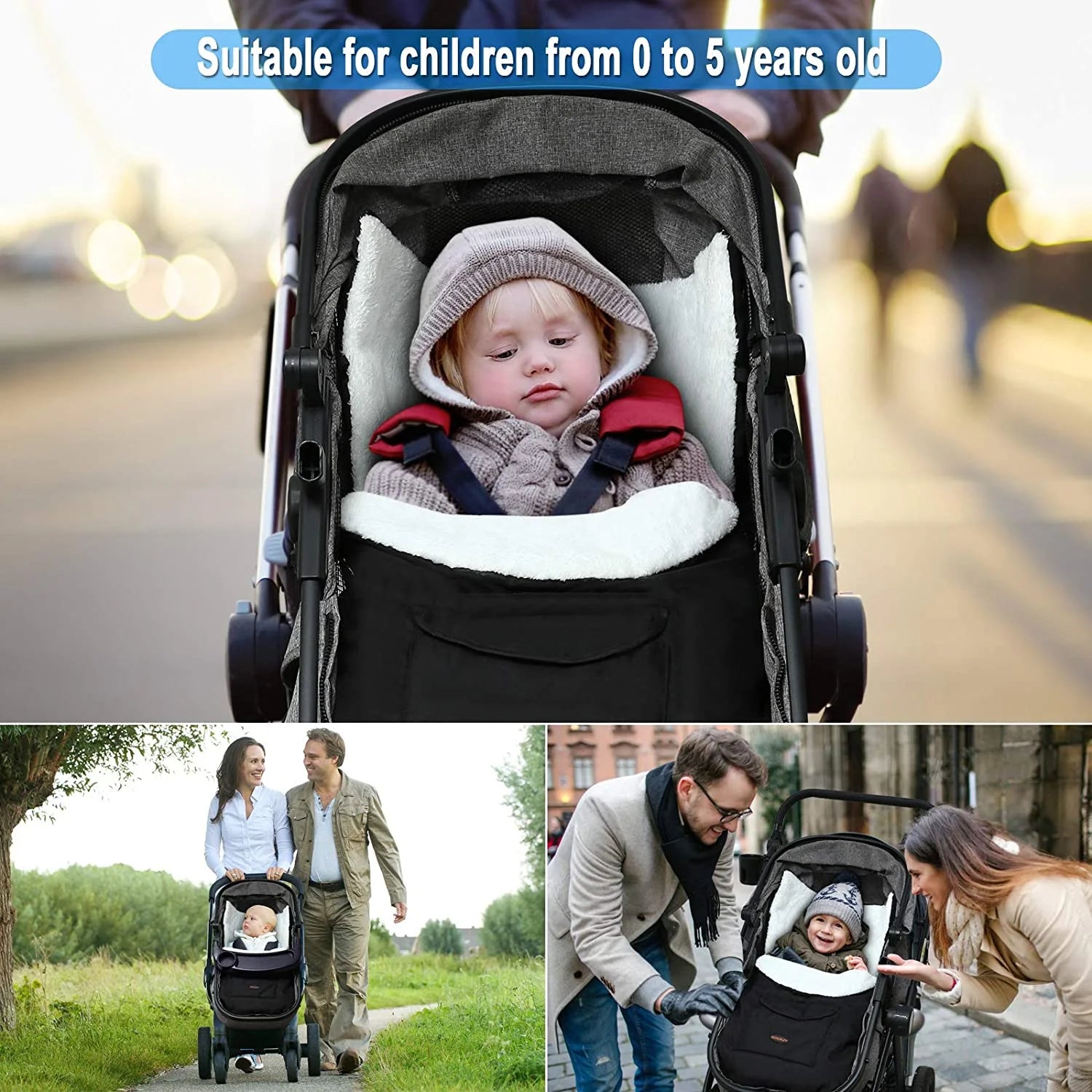 Removable Stroller Sleeping Bag, Cold Weather, Soft Fleece Lined, 18" X 35.4", Toddler Stroller Footmuff, Black