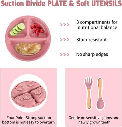Silicone Baby Feeding Set|Baby Weaning Supplies Set|Suction Baby Plate Bowl Set with Bib Spoon Fork Sippy Cup|Baby Feeding Eating Supplies Set BPA Free - Dark Pink