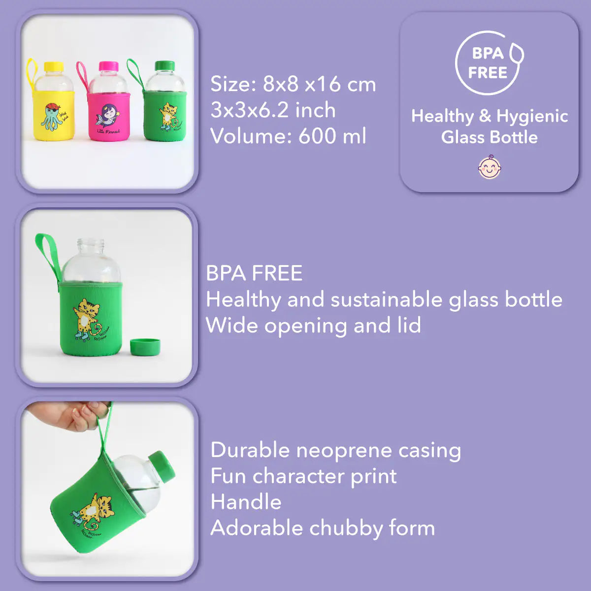 Milk&Moo Kids Glass Water Bottle – 600ml Skater Cheetah with Neoprene Sleeve, BPA-Free Lid | Leakproof, Eco-Friendly