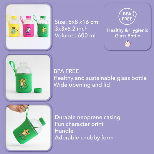 Milk&Moo Kids Glass Water Bottle – 600ml Skater Cheetah with Neoprene Sleeve, BPA-Free Lid | Leakproof, Eco-Friendly