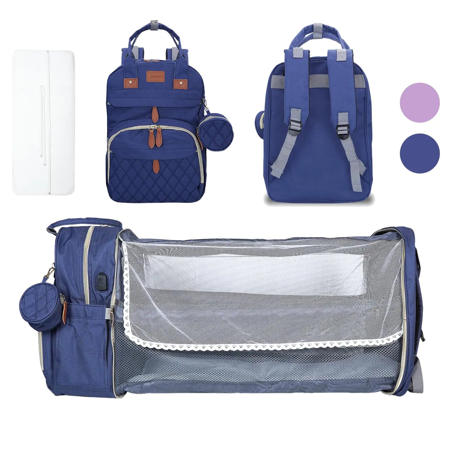 Snugglez Diaper Bag Backpack with Changing Station – Waterproof Baby Bag for Mom & Dad with USB Port, Insulated Pockets, Sunshade Net & Pacifier Case – Travel Diaper Bag for Boys & Girls – Blue