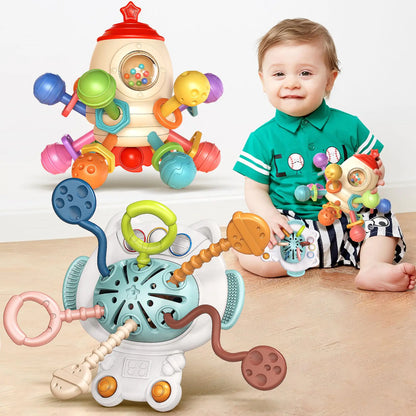 2PCS Baby Sensory Teething Toy Set – 10-in-1 Montessori Rattles & Pull Strings for Babies 6-12 Months – Infant Toys for Travel, Bath & Teething Relief – Gifts for Baby Boys & Girls 0-18 Months