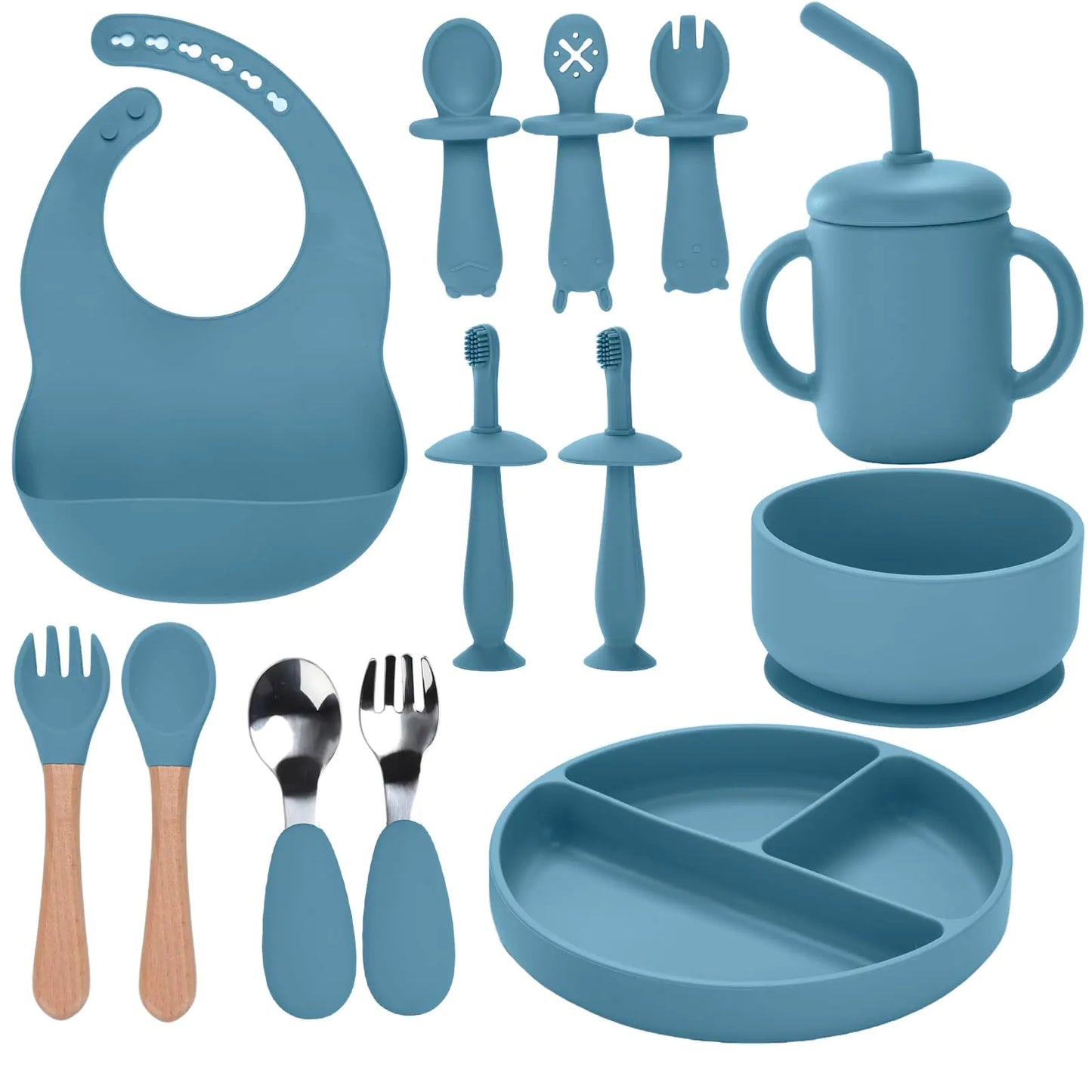 13PCS Silicone Baby Feeding Set – Suction Plate & Bowl, Spoons, Forks, Bib, Cup, Baby Toothbrush – Baby Led Weaning Supplies for 6+ Months (Blue)