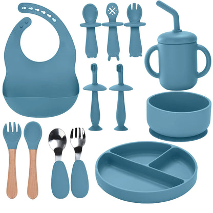 13PCS Silicone Baby Feeding Set – Suction Plate & Bowl, Spoons, Forks, Bib, Cup, Baby Toothbrush – Baby Led Weaning Supplies for 6+ Months (Blue)