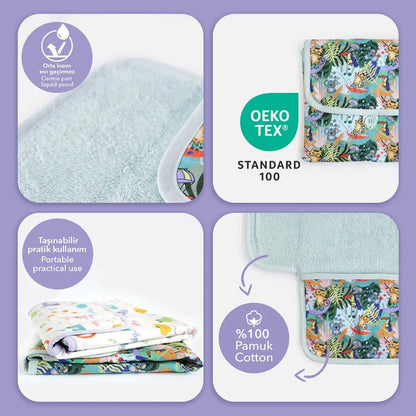 Milk&Moo Jungle Friends Portable Diaper Changing Pad – Waterproof, Foldable, 100% Turkish Cotton | Baby Travel Mat with Storage Pocket